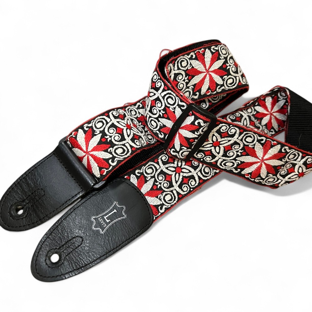 Levy's Guitar‎ Strap Hootenanny Red White Black Embroidered Floral Leather Ends